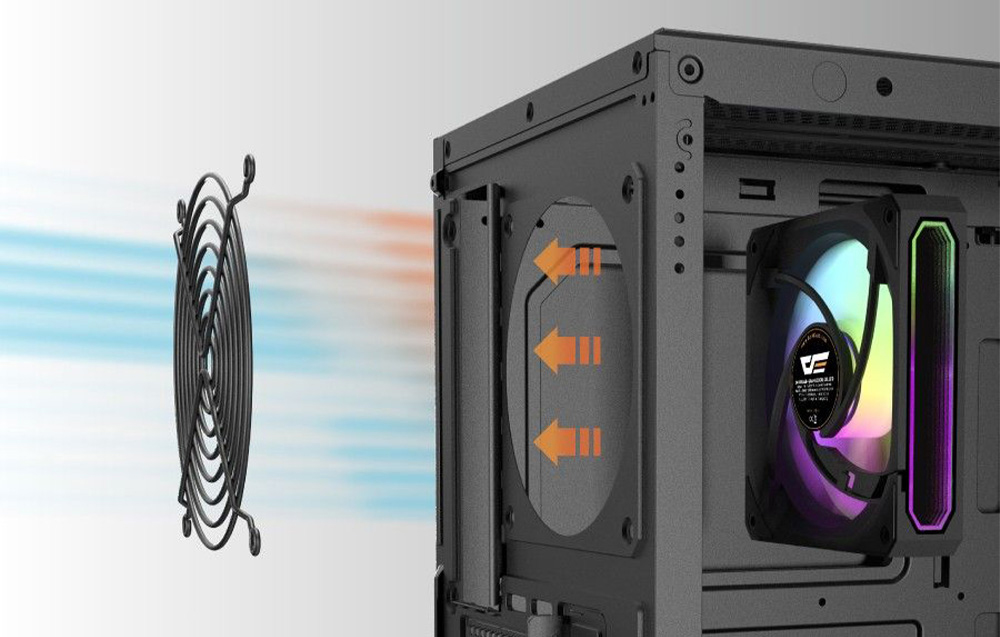 Metal mesh next to a black computer case with a fan.