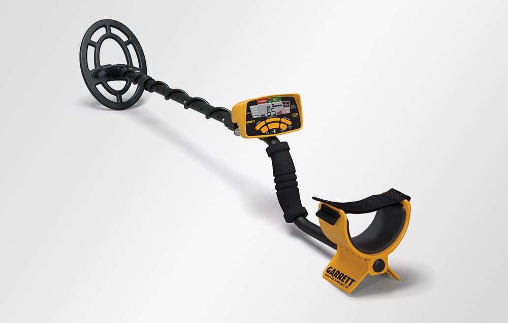 Garrett ACE 300i metal detector shown in its entirety against a bright background.