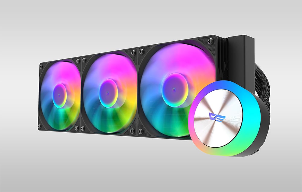 Black AIO water cooling with a triple fan and a round pump-block with multicolored LED lighting