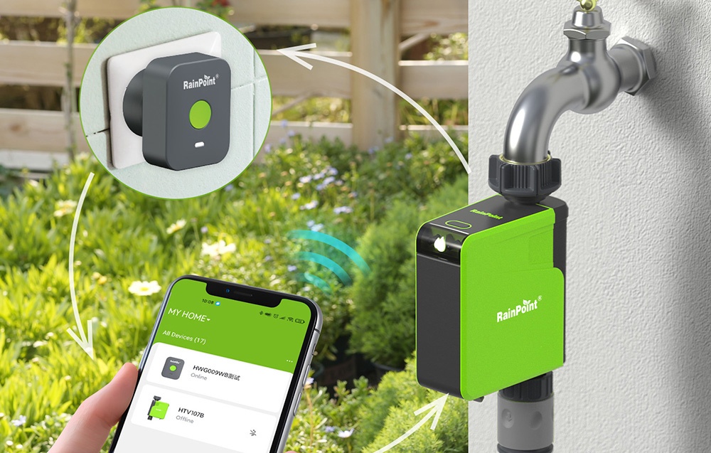 RainPoint irrigation controller connected to smartphone via Wi-Fi gateway and app.