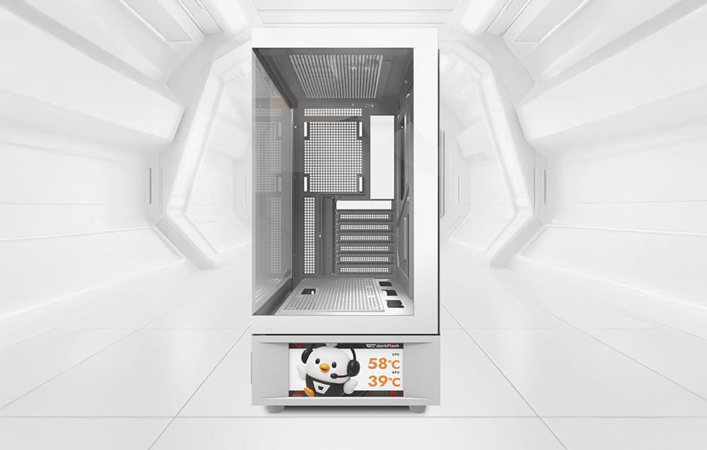 Empty white computer case with screen on a light background