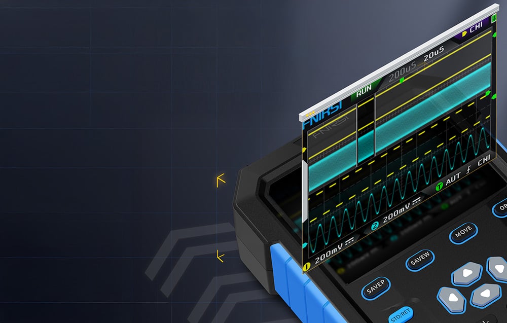 Oscilloscope showing a dense grid of waveforms in turquoise and yellow