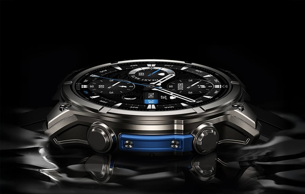 A side view of the smartwatch with the visible envelope, crown and blue element