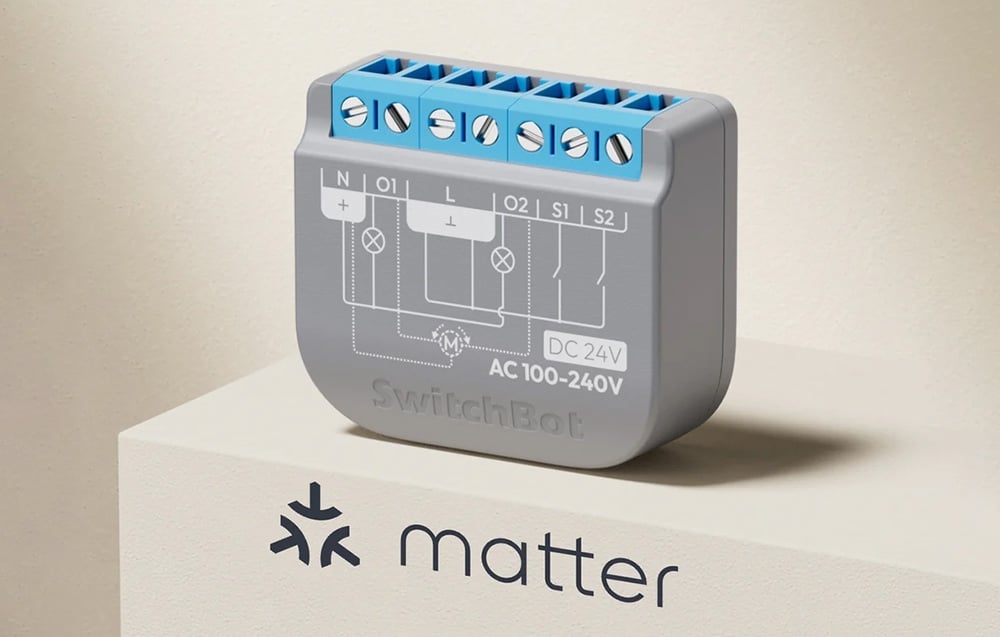 SwitchBot smart switch with Matter logo, front view showing screw connectors and wiring diagram