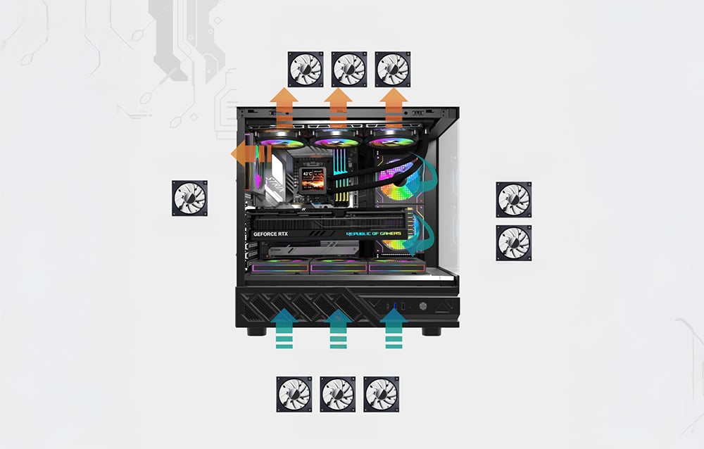 Airflow diagram in the case with fan icons around the computer with a colorful interior
