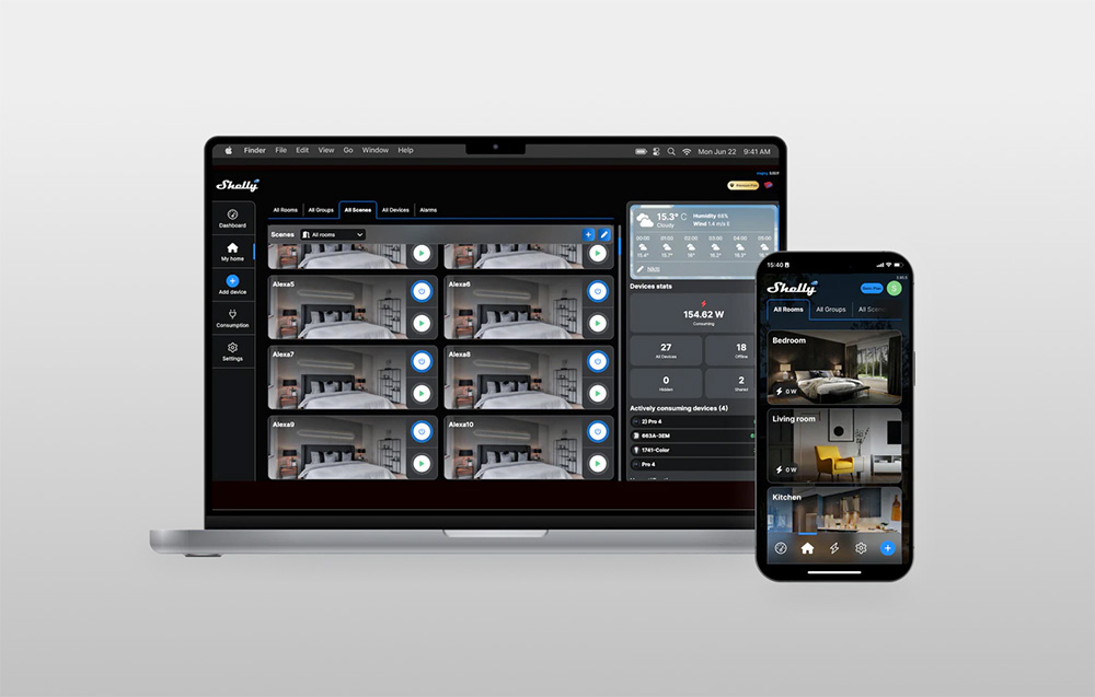 Laptop and smartphone screens displaying a home management app.
