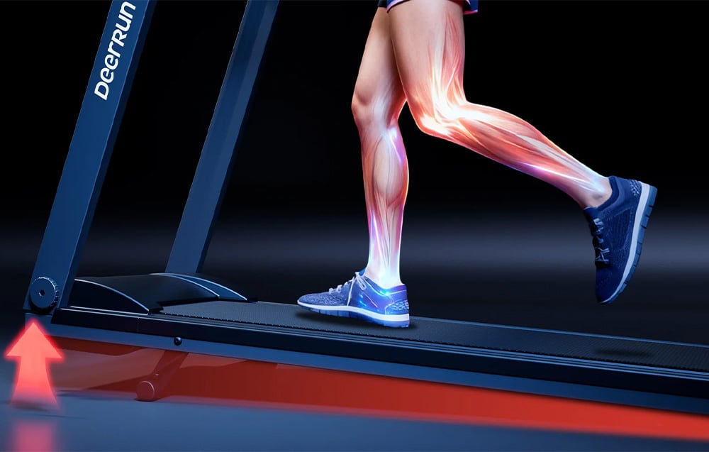 Close-up of the legs of a person running on a treadmill, emphasizing muscles and shock absorption