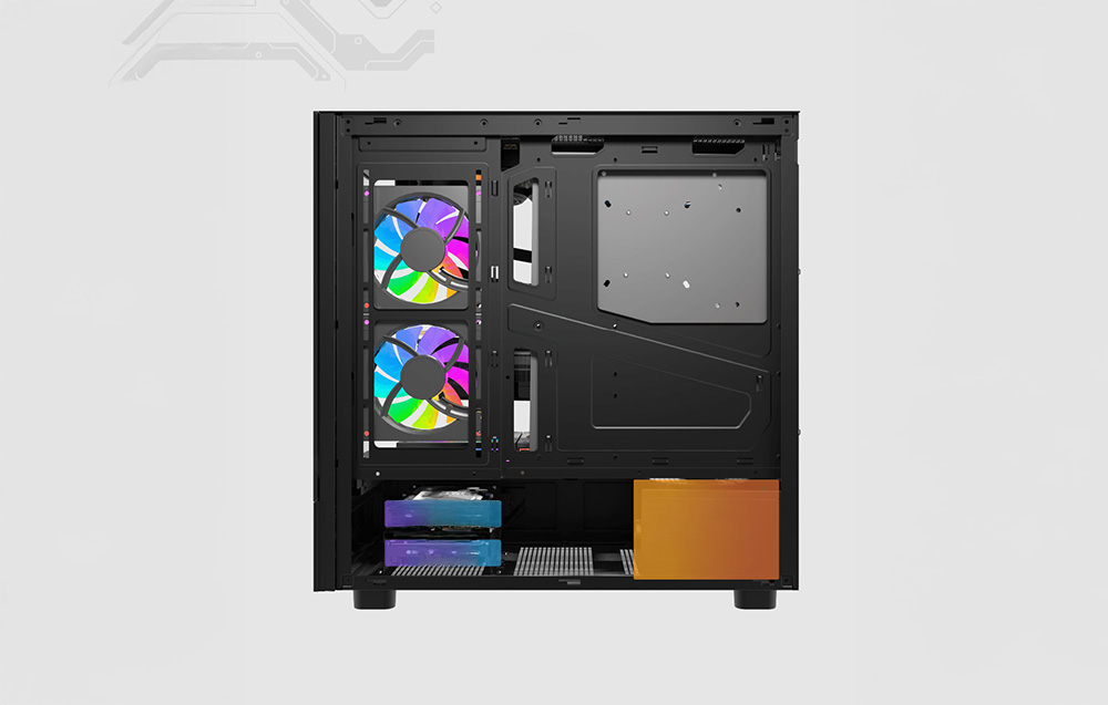 Black PC case seen from the side with fans and space for components on a gray background