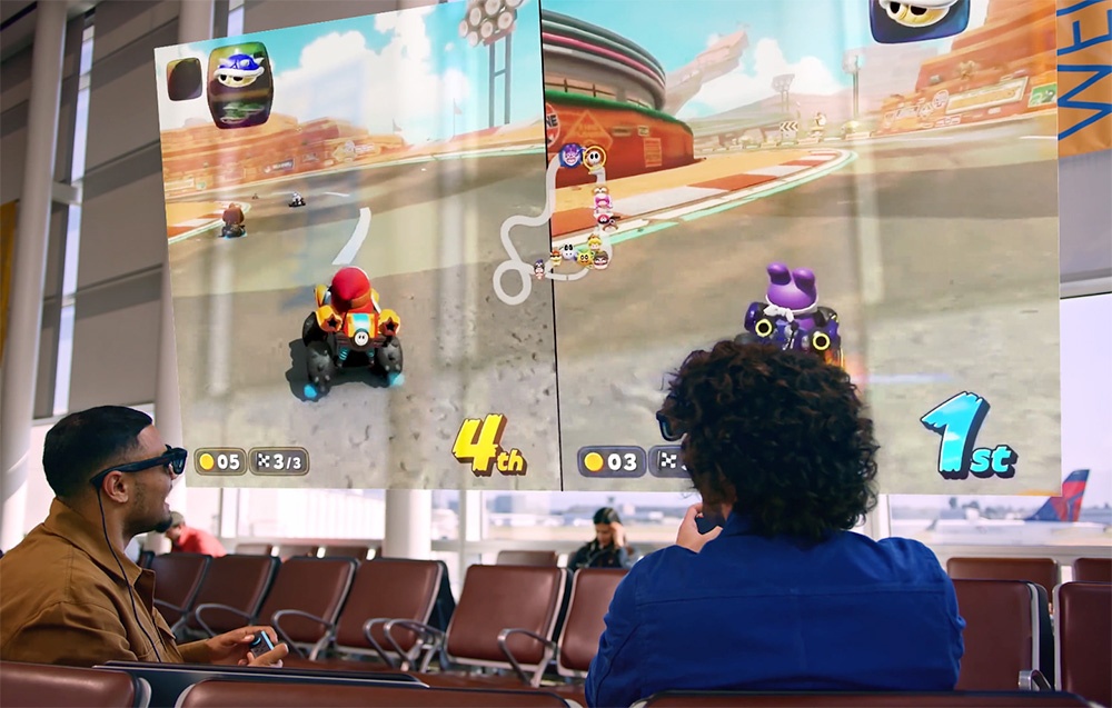 Two men wearing XR glasses play car racing on a large screen