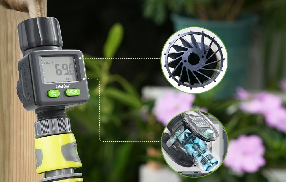 Close-up of the RainPoint flow meter mounted on the faucet, with a visualization of the unit's impeller and internal cross section.