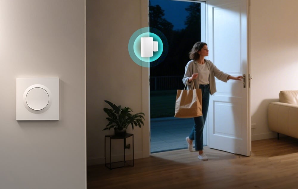 White wall switch, to the right of a woman entering the apartment.