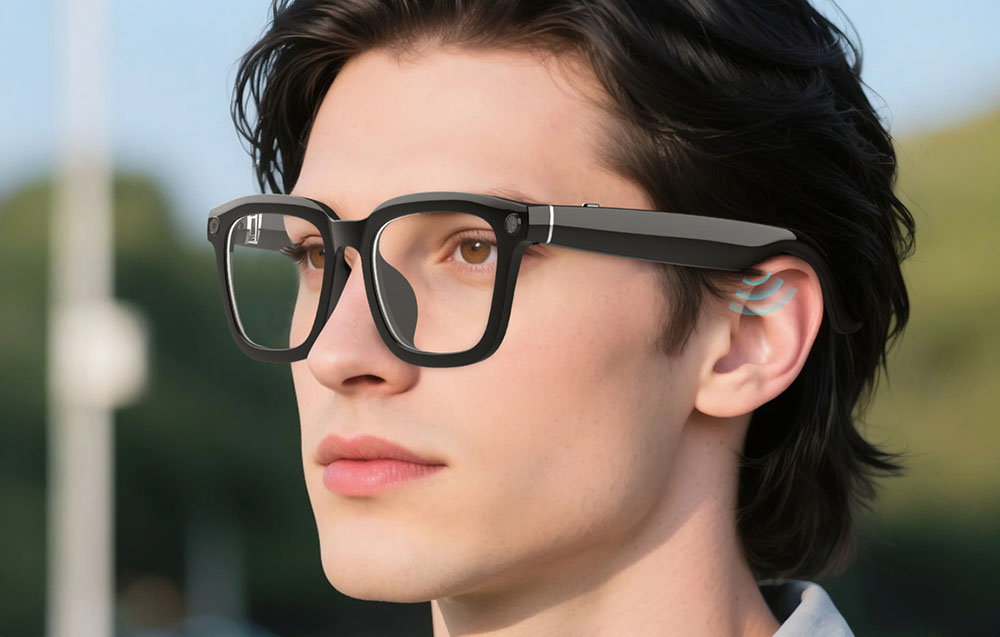 A man in profile wearing black smart glasses with sound waves highlighted near his ear.