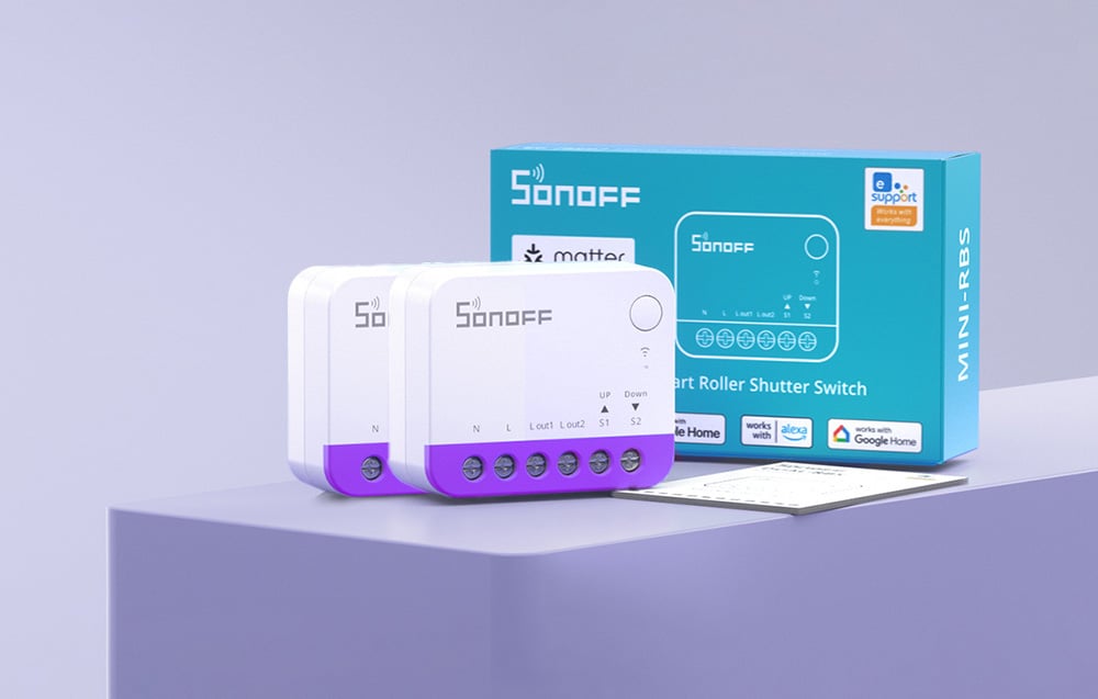 Two white Sonoff modules with a purple stripe and product packaging on a purple background