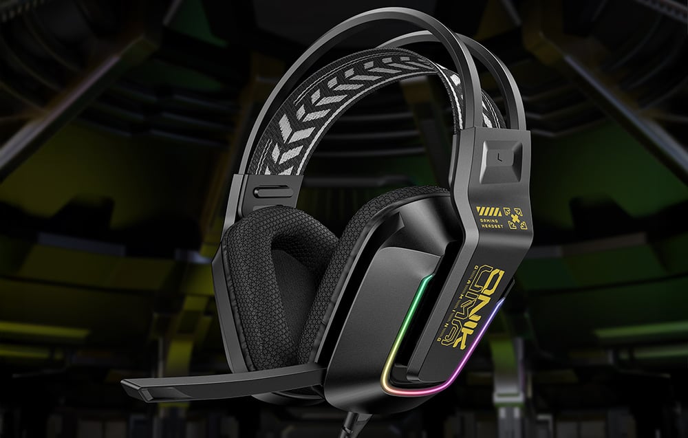 Black Onikuma headphones on a dark futuristic background
