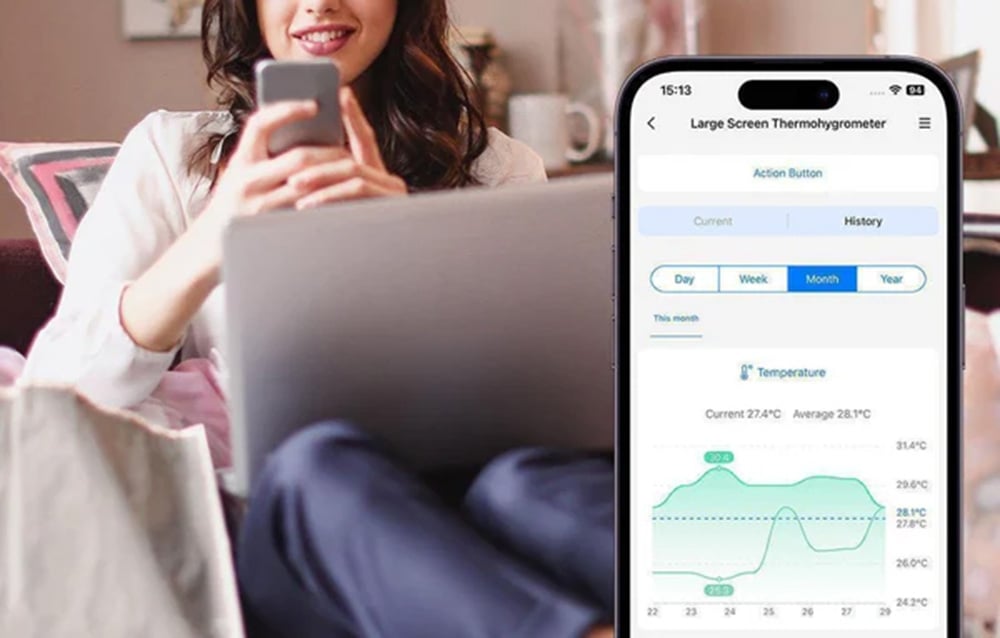 A woman with a phone in her hand, next to a close-up of a smartphone screen with an app showing a temperature graph from a thermo-hygrometer