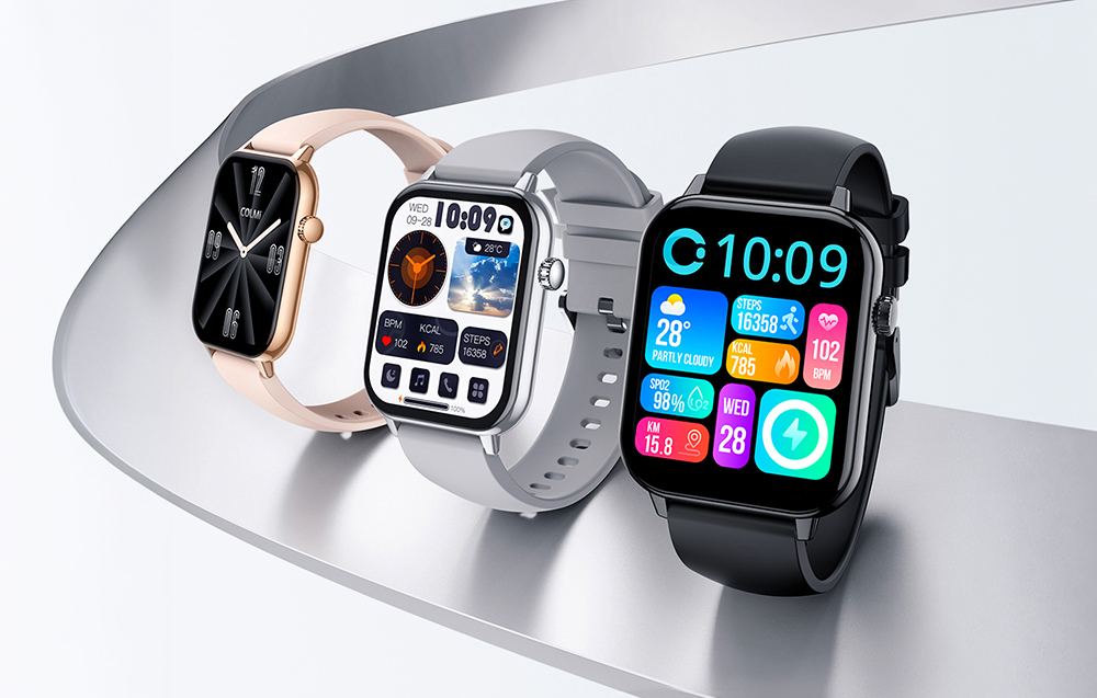 Three Colmi smartwatches (rose gold, silver, black) on a smooth, curved metal surface