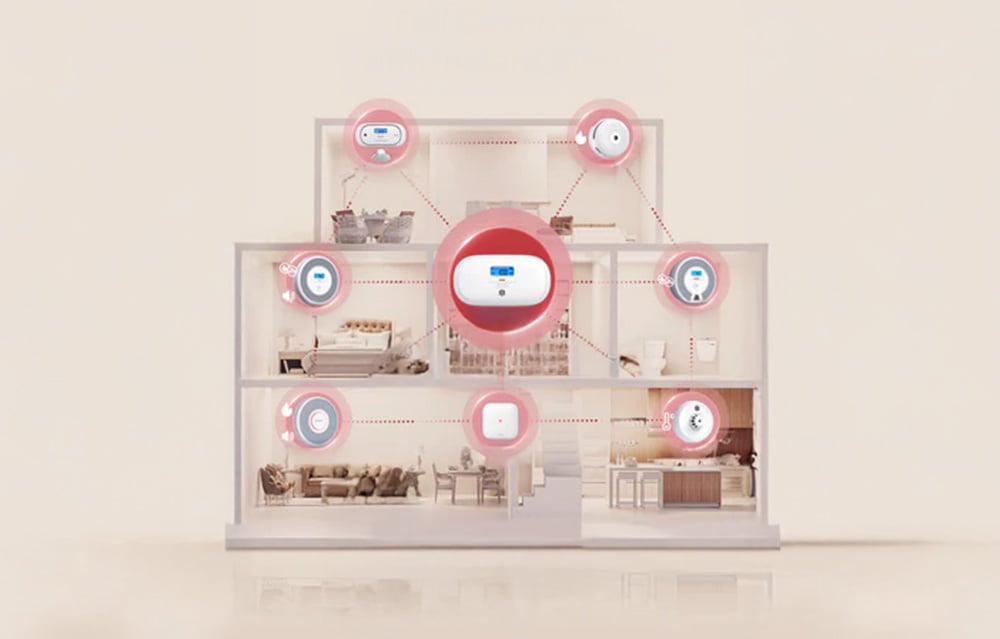 Cross-section of the house with marked points of smart sensors connected to the central device in the home automation system