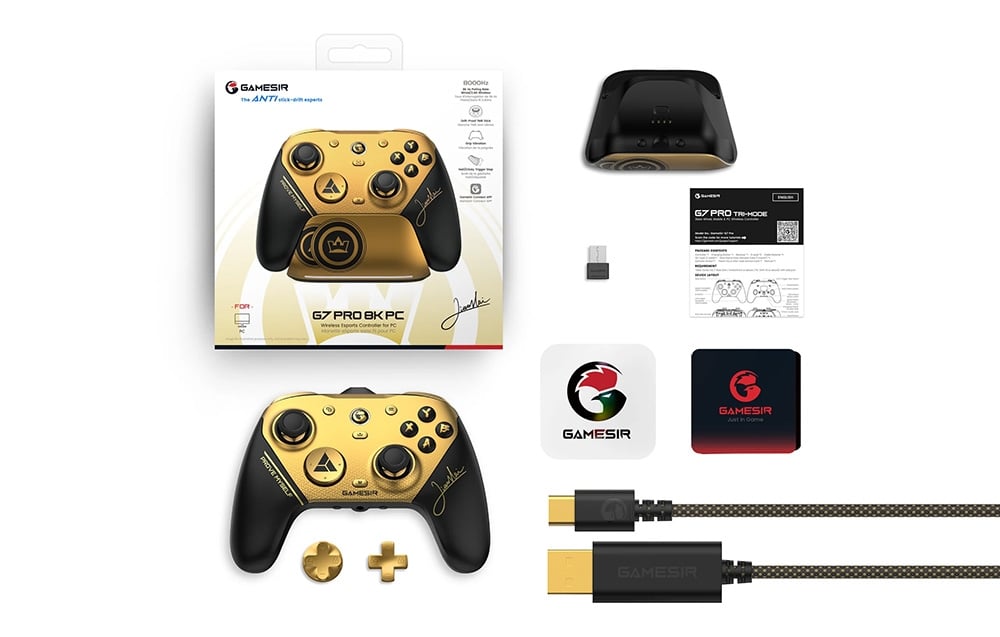 Contents of the game controller set, including the packaging, docking station, USB receiver, and USB cable