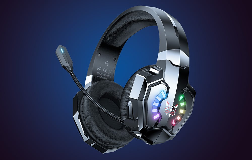 Black Onikuma gaming headphones on a dark blue background