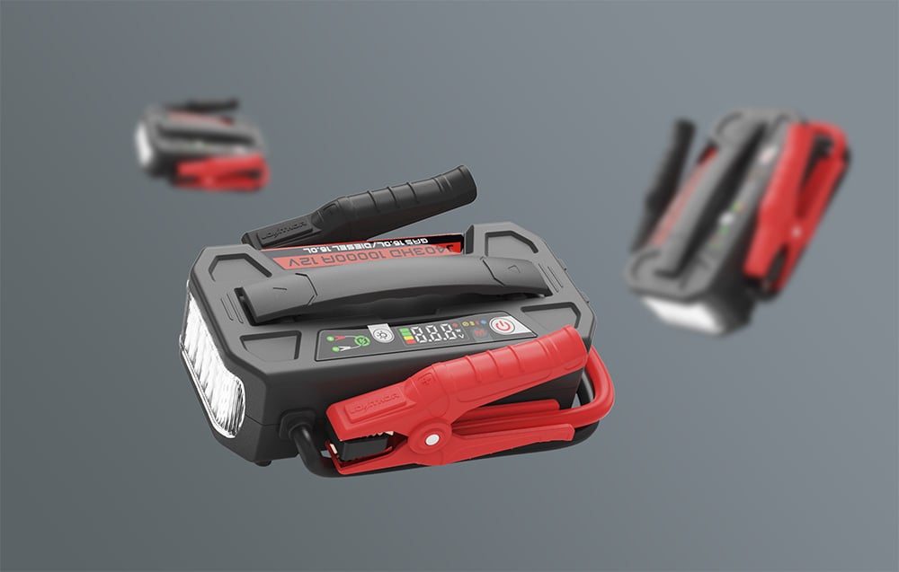 Three LOKITHOR jump starters at varying distances, with handles visible.
