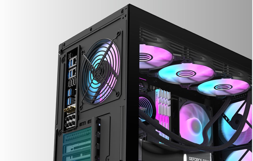 Close-up of the interior of the Darkflash DS900 Mesh computer case with components installed.