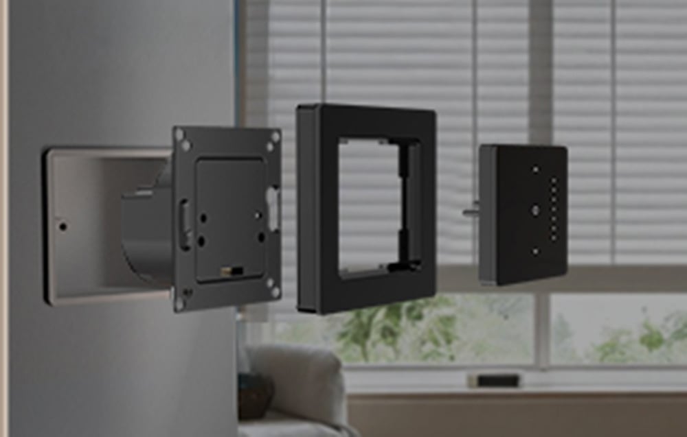 Exploded view (assembly diagram) showing the boxes, frame, and front panel of the smart switch.