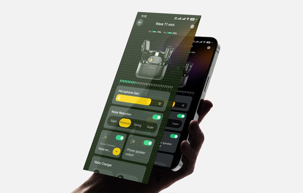 person holding a smartphone on which the Maono Link application interface is displayed