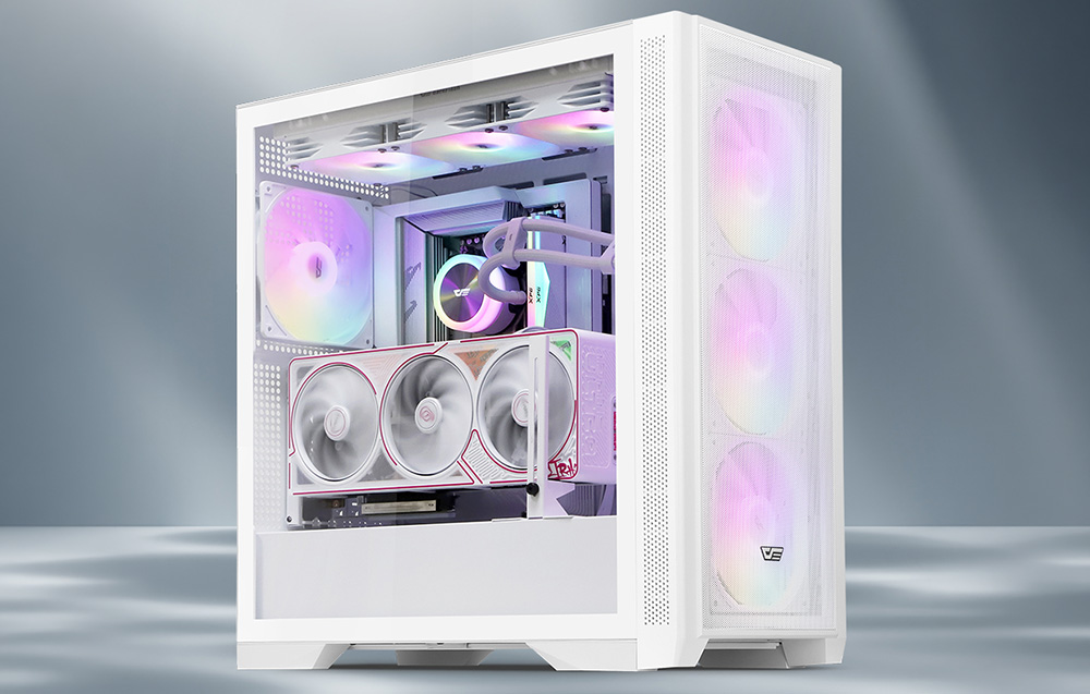 White PC case with a glass side panel, vertically mounted graphics card, and ARGB lighting