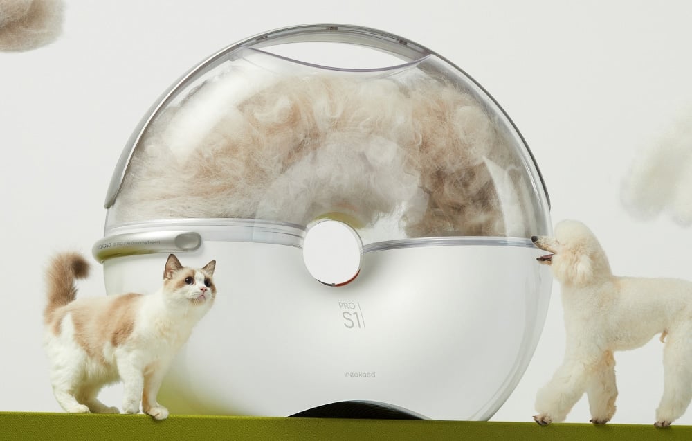 A cat and a dog stand next to a transparent vacuum cleaner chamber filled with fur