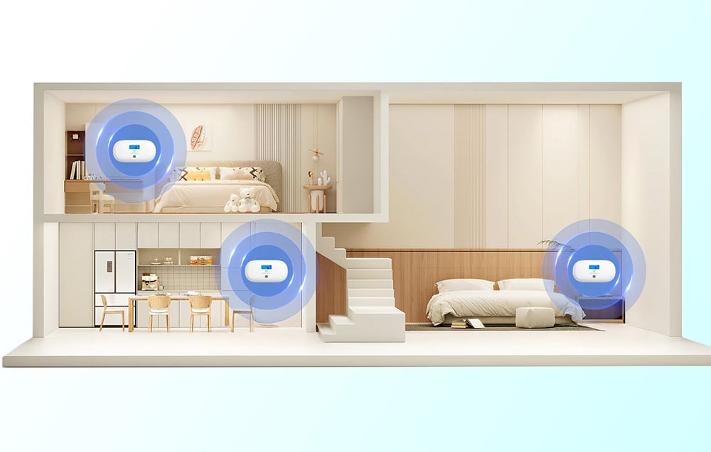 Cross-section of a house with three X-Sense carbon monoxide detectors placed in different rooms and surrounded by blue signal waves
