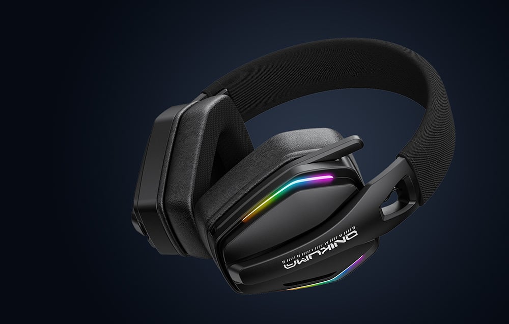 Black gaming headphones on a navy blue background