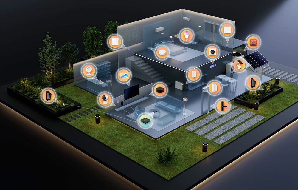 A cross-sectional model of a smart home with various IoT device icons indicating integrated systems in the room and garden