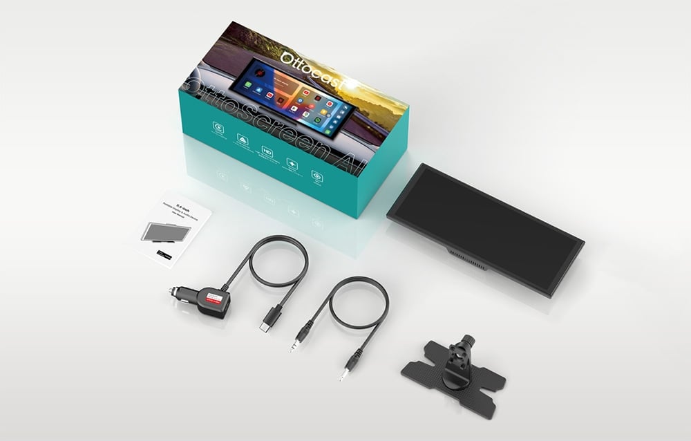 Ottocast kit: box, screen, manual, two black cables, cigarette lighter plug, and mount