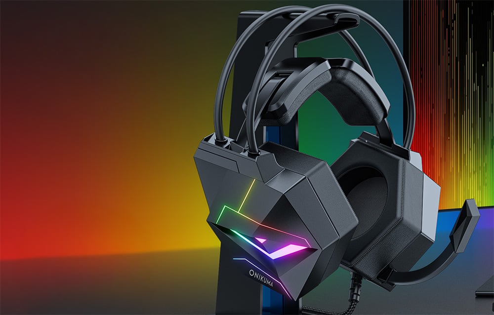 Over-ear headphones on a rainbow background, hanging from a hook