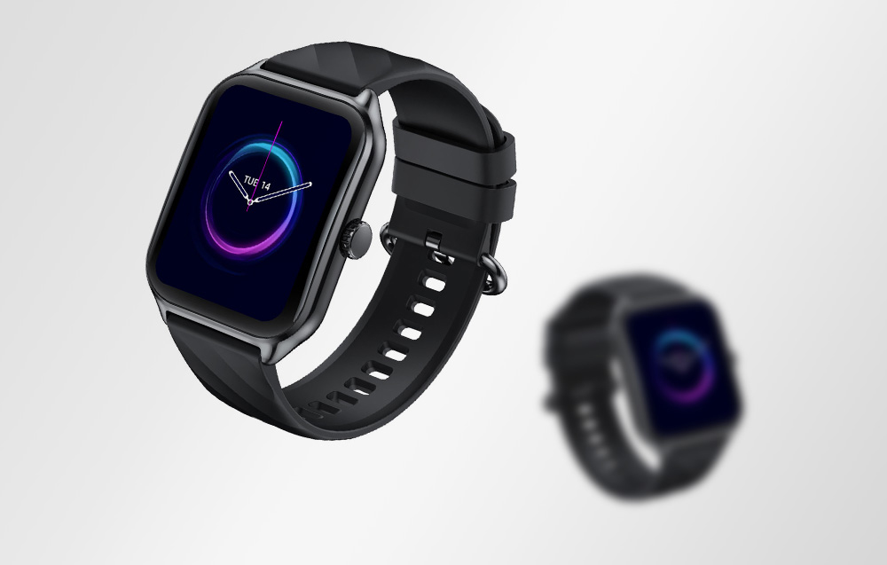 Two Zeblaze smartwatch models standing side by side, one of which is blurred in the background