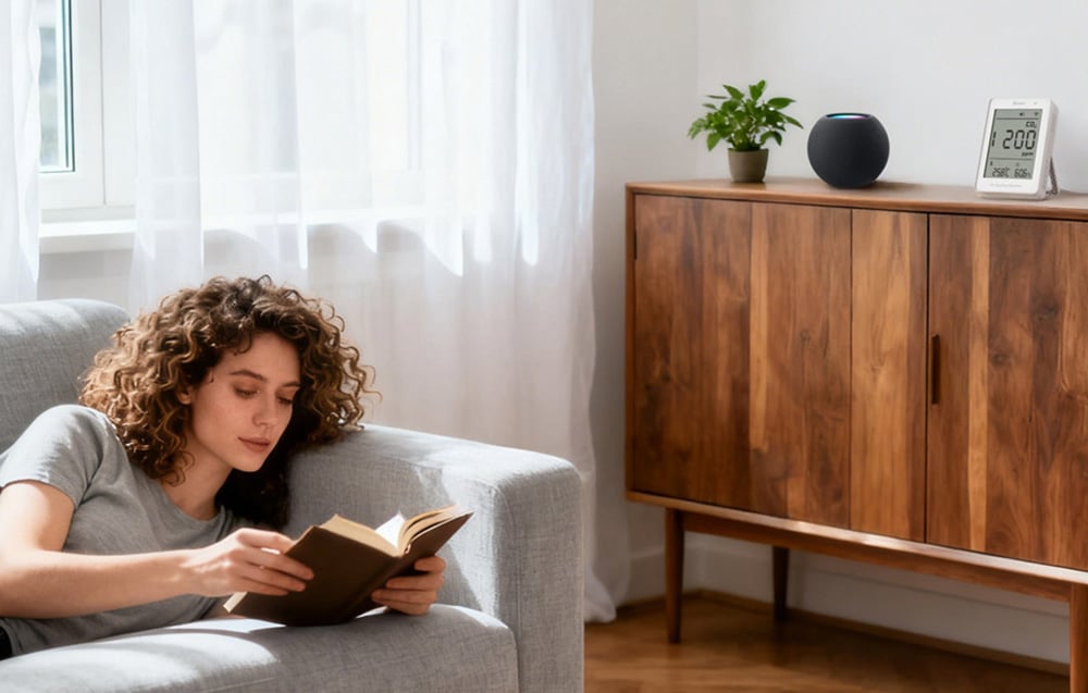 A woman with curly hair is lying on the couch reading a book, on the right, on a wooden chest of drawers, there is an air quality meter, a voice assistant, and