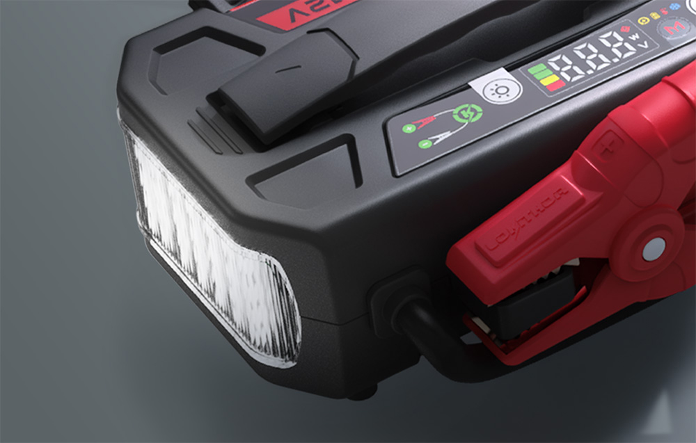 LOKITHOR portable jump starter with clamps attached, side view.