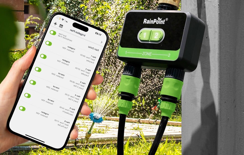 RainPoint irrigation controller connected to the app via smartphone.