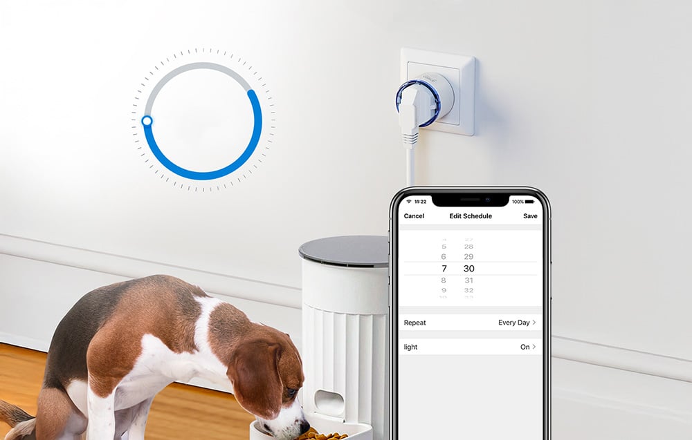 phone with a timer and a smart socket connected to a dog food dispenser