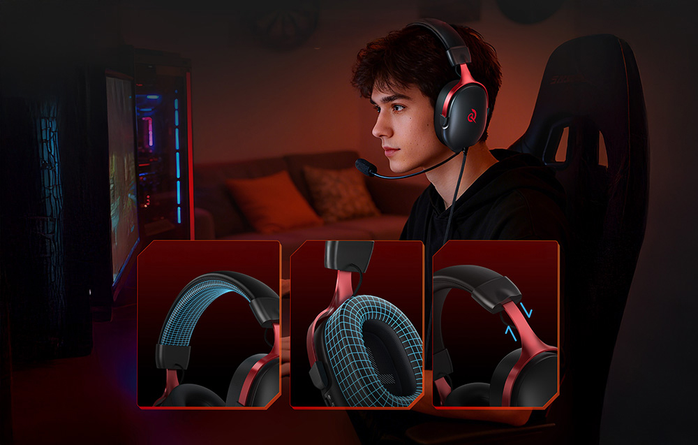 A man playing a game on a computer while wearing headphones with a microphone, with three insets showing the headphones being worn.