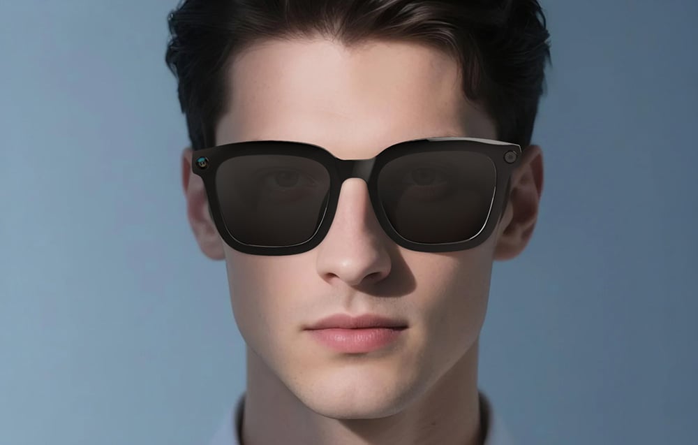 Front view portrait of a man wearing black smart glasses with visible lenses in the corners of the frames.