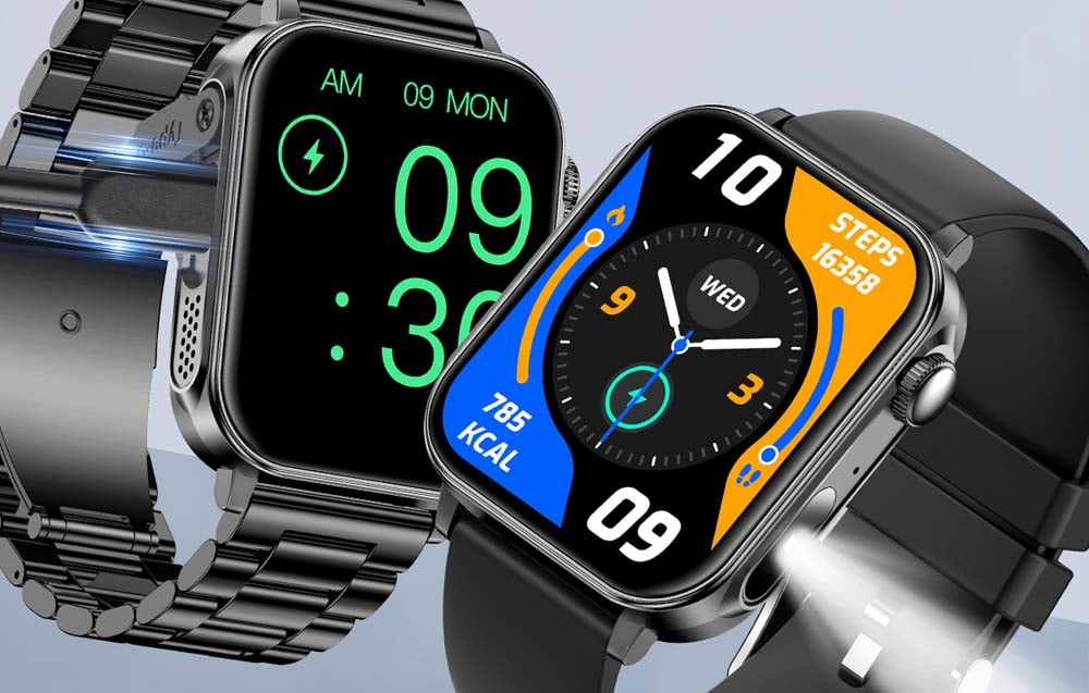 2 smartwatches on a blue background.