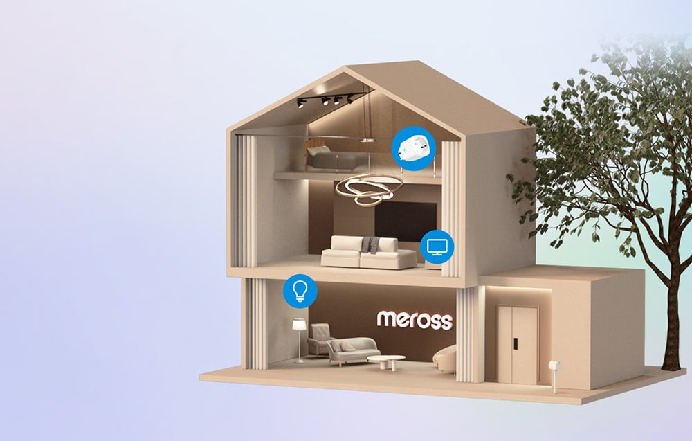 Cross-section of a model three-story house showing the integration of smart home devices with the Meross logo and smart device icons