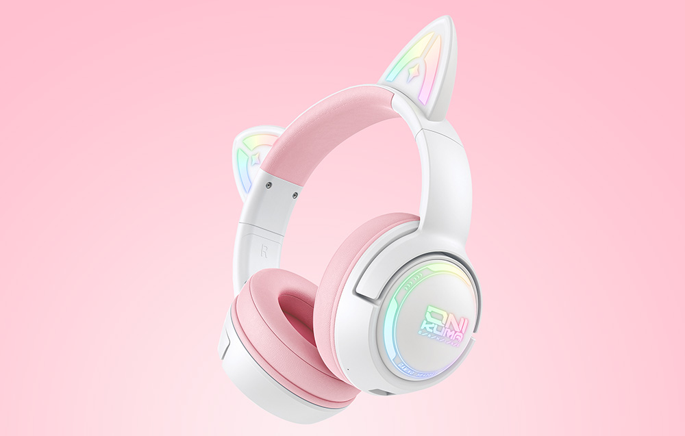 White and pink Onikuma headphones with cat ears on a pink background