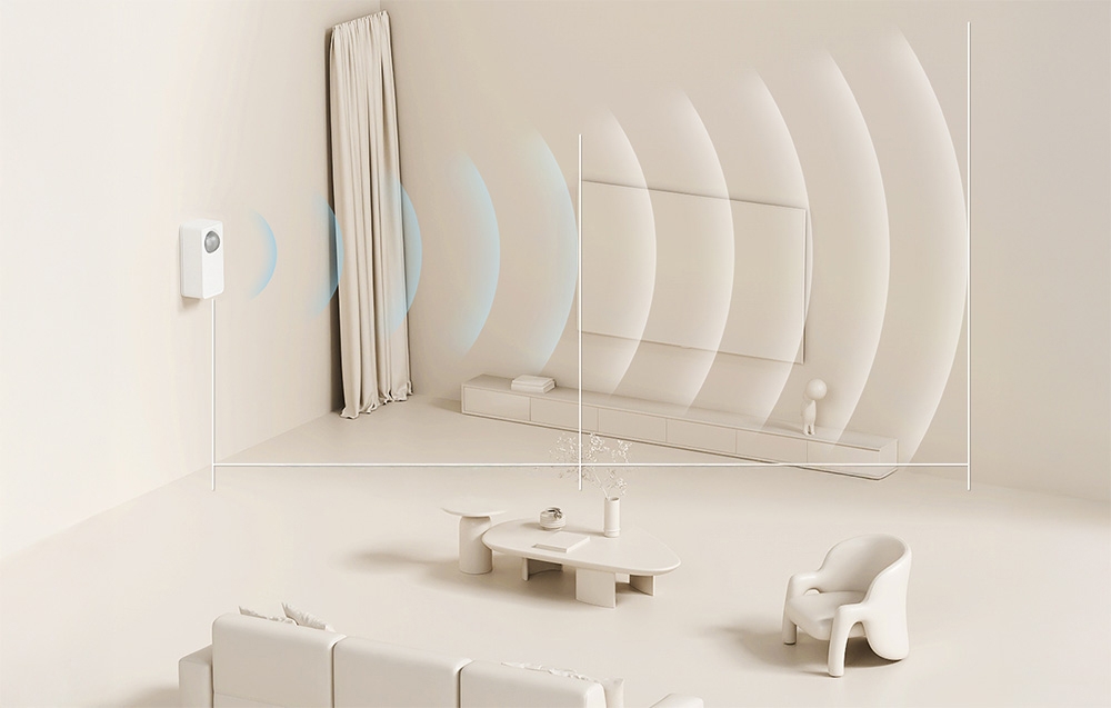 Graphic visualization of the range of a motion sensor mounted in the corner of a bright, minimalist living room