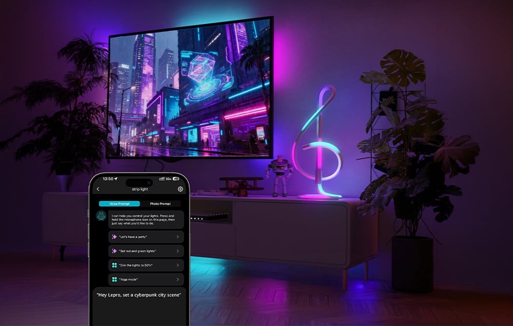 A room with a TV on, plants, and a desk lamp, with a voice-controlled phone in the foreground.