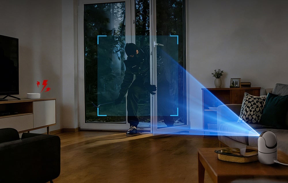 Camera detecting a burglar entering through the balcony door