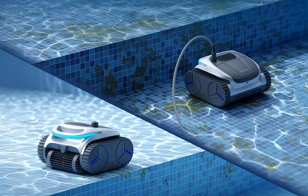Two cleaning robots working at different levels of the pool with visible dirt