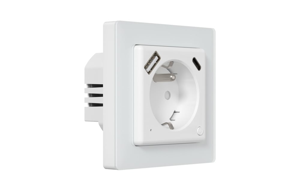 Wall outlet with USB ports viewed from an angle.