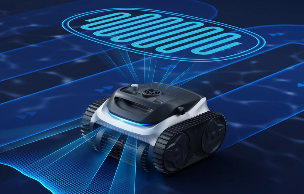 The pool robot moves across blue tiles with a graphic visualization of its cleaning route displayed above it